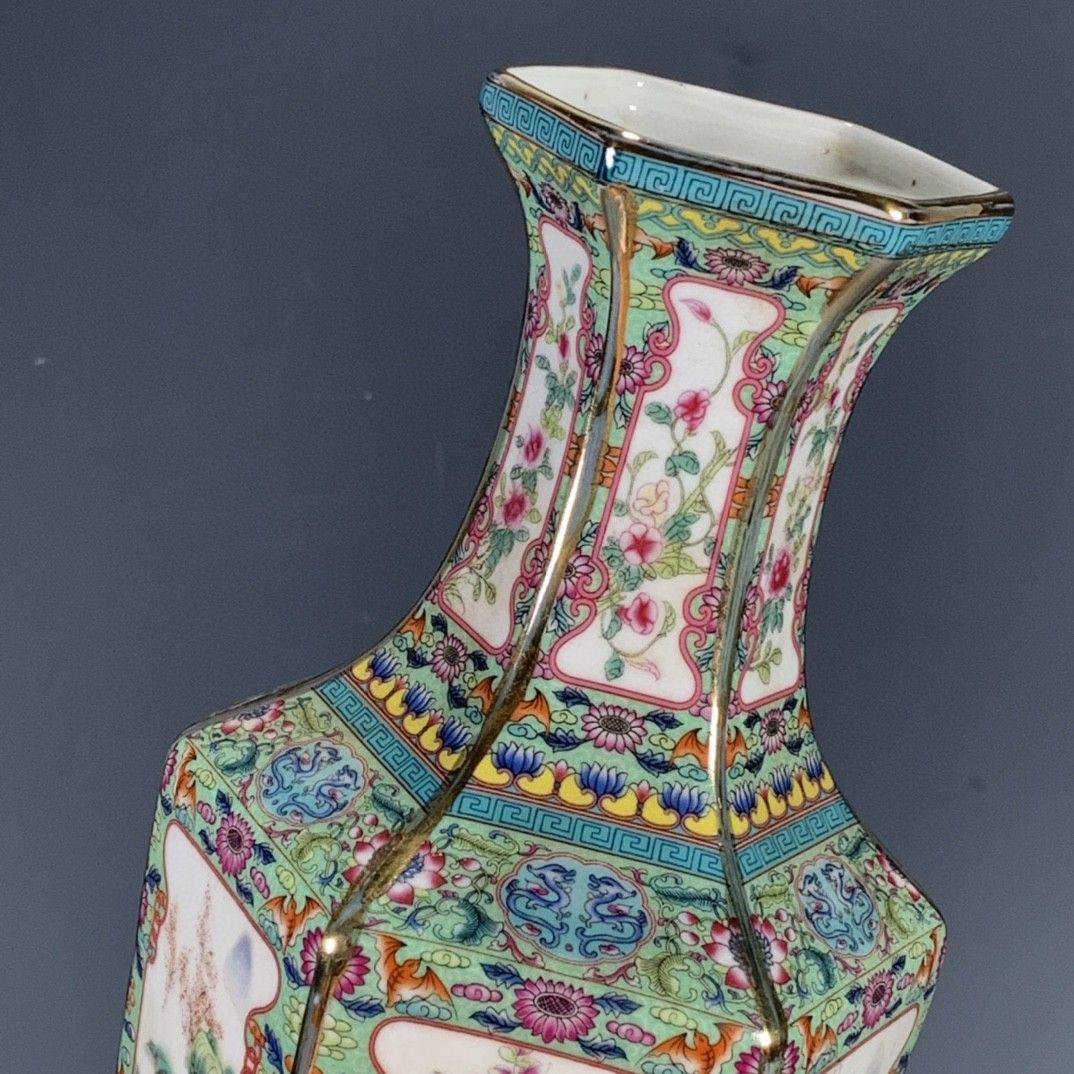 パステルとエナメル花動物六角花瓶 景徳鎮 陶磁器 装飾品 工芸品 美術品 置物