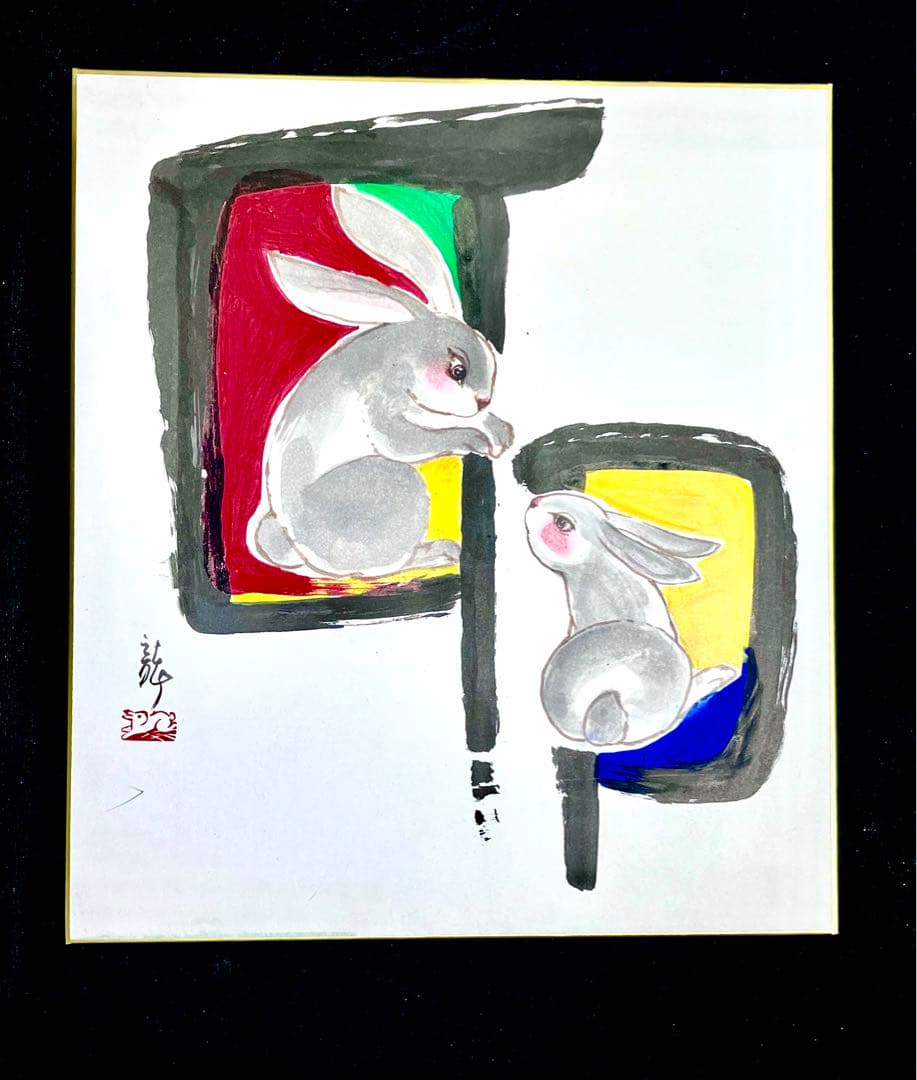 中国著名画家：李庚画伯の肉筆色紙作品（2枚）と芸大先生の