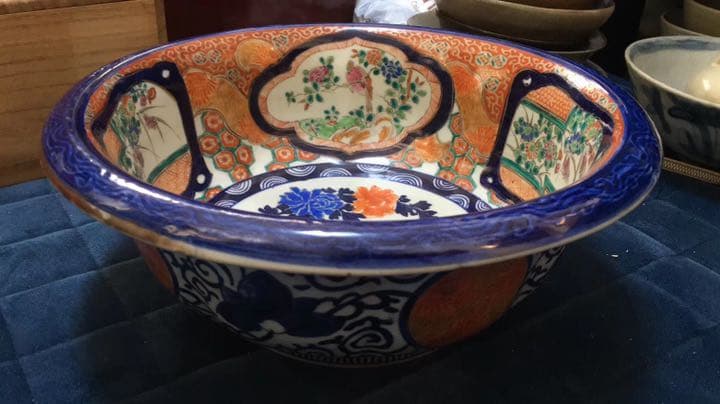 九谷焼 明治九谷 青手 赤絵人物文 鉢 時代箱付 M R6057 古九谷焼