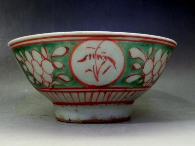 茶碗□赤絵 3点 丸窓唐草紋 お茶道具 ぐい呑み 古玩 唐物