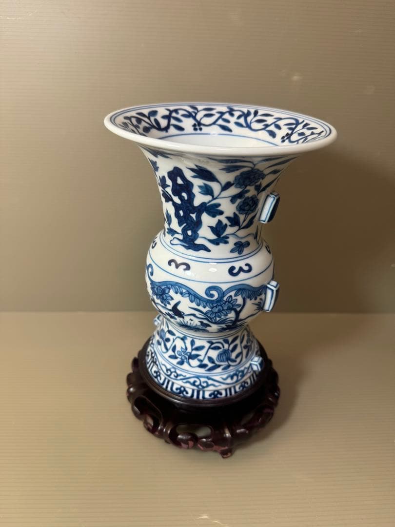 2903 中国骨董　大明萬暦年製銘　染付唐草青花　花瓶　花台付　時代物