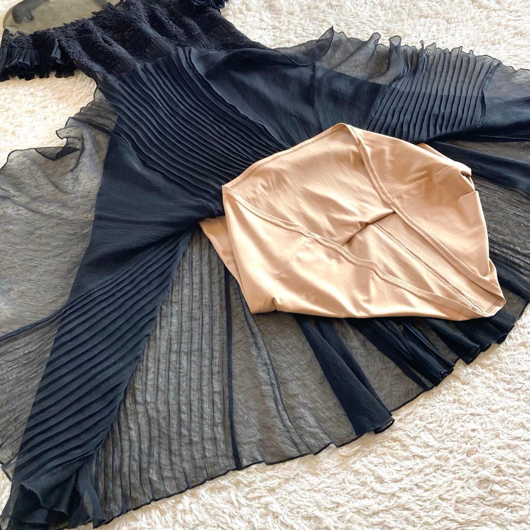 タダシショージ フラワー刺繍 シフォンプリーツワンピース カクテル