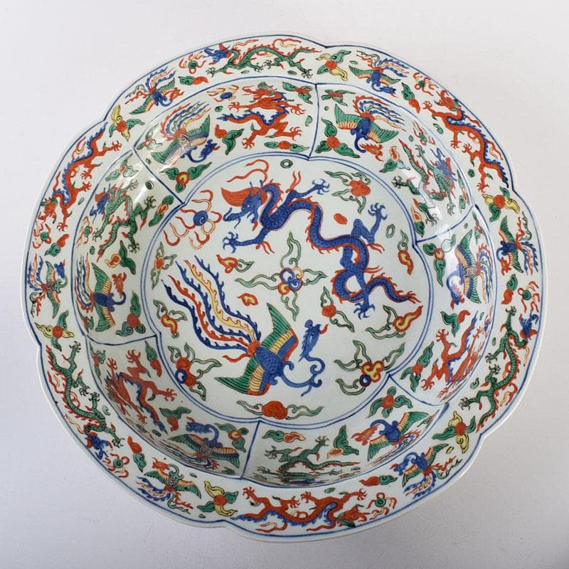 中国大明萬暦年製五彩龍鳳凰文輪花鉢大皿直径約40㎝VR7860C