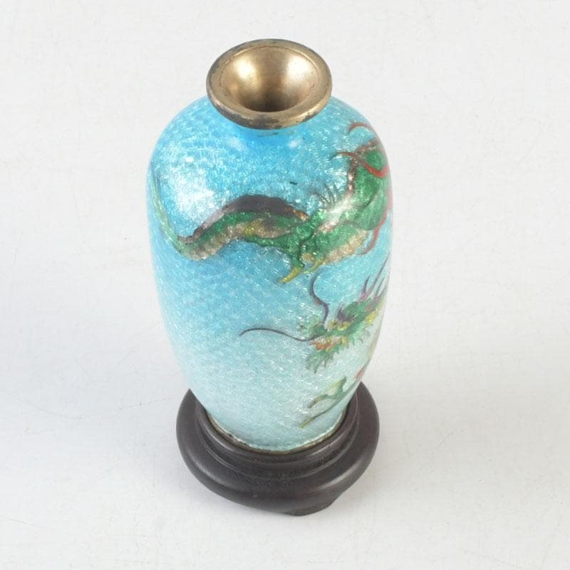 中国 古七宝琺瑯彩 龍文瓶 唐木台 時代箱付 V 9724 上海 香港