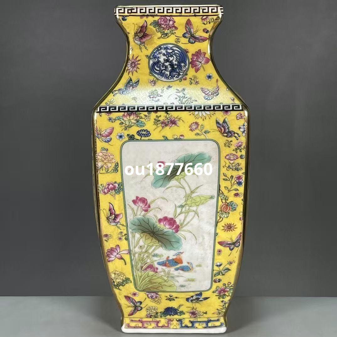 パステル蒔絵花鳥四方花瓶 景徳鎮 陶磁器 装飾品 現代工芸品 美術品 置物