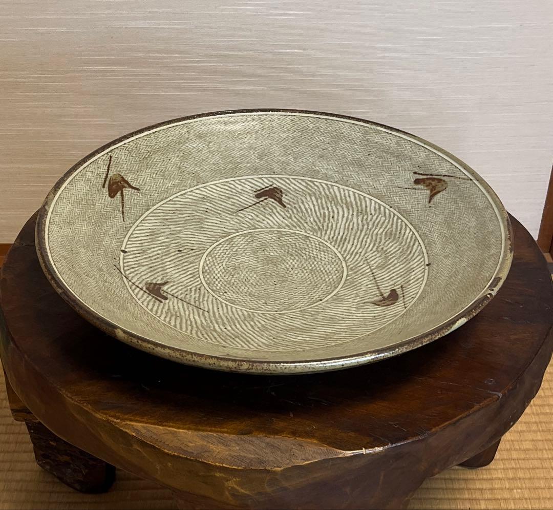 象嵌縄文皿　大皿　益子焼　島岡達三　人間国宝　箱付き　飾り台付き　未使用