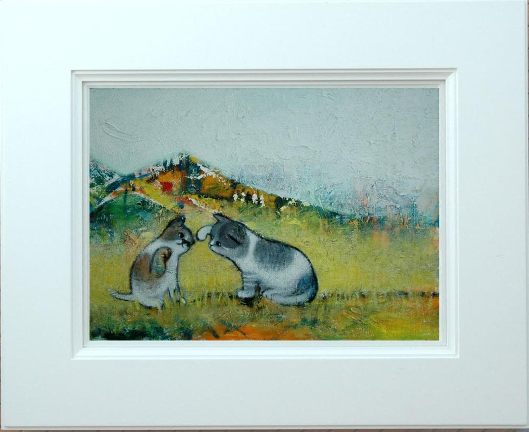 油絵 菅家令子 絵 絵画インテリア 額付(黒) uF6-050520 可愛い子猫