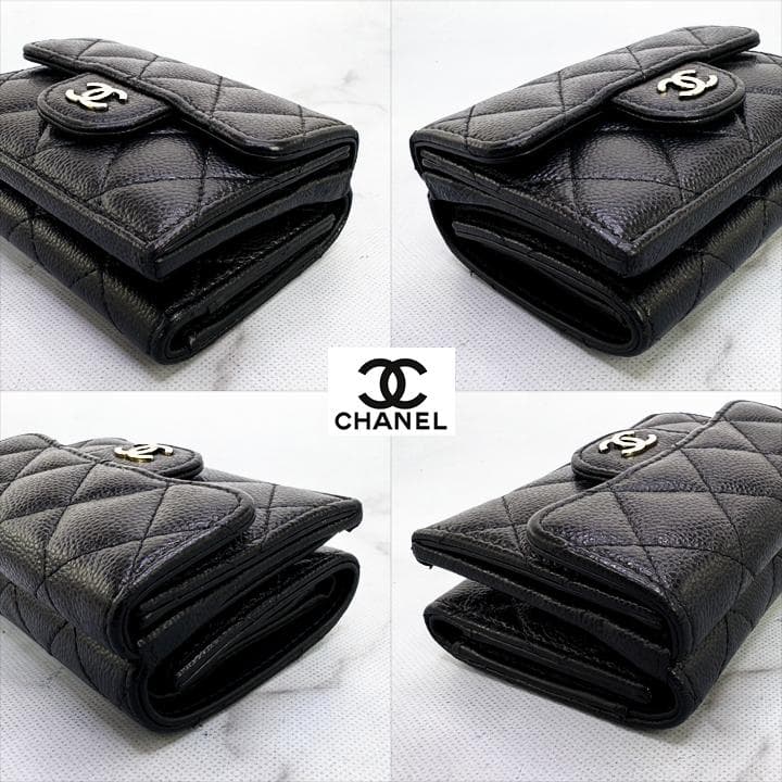 563　超美品　CHANEL　キャビアスキンマトラッセ　Wホック三つ折りミニ財布