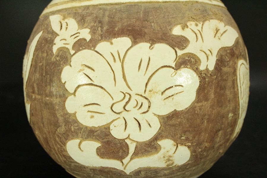 中国美術 磁州窯 十世紀後半 白磁掻落鳳紋水注 瓶 高23cm (LC248)