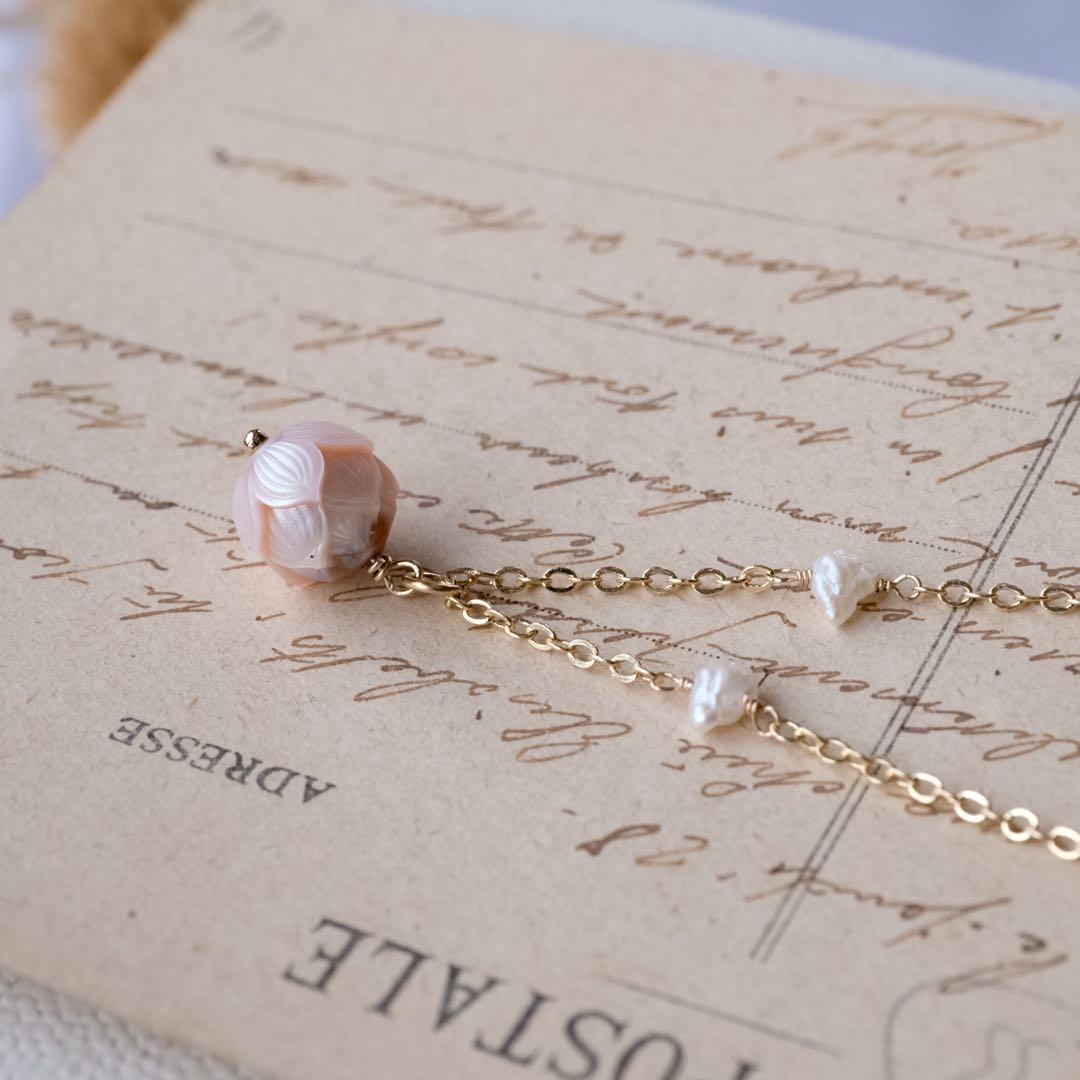 14kgf白蝶真珠蓮カービングネックレス 14kgf白蝶真珠蓮カービング