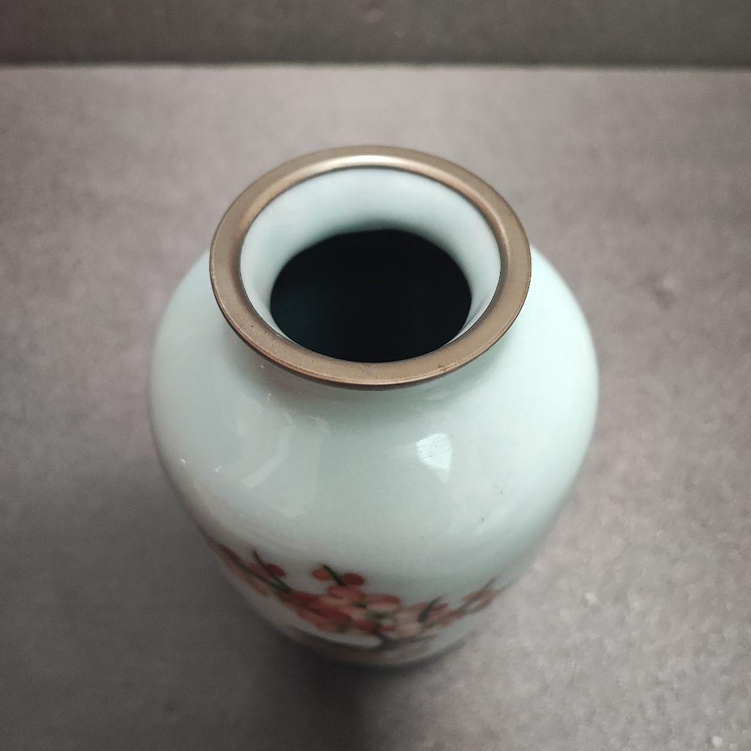 時代 戦前七宝 七宝焼 竹梅鶯図花瓶 花入 花生 花器 金属工芸 美