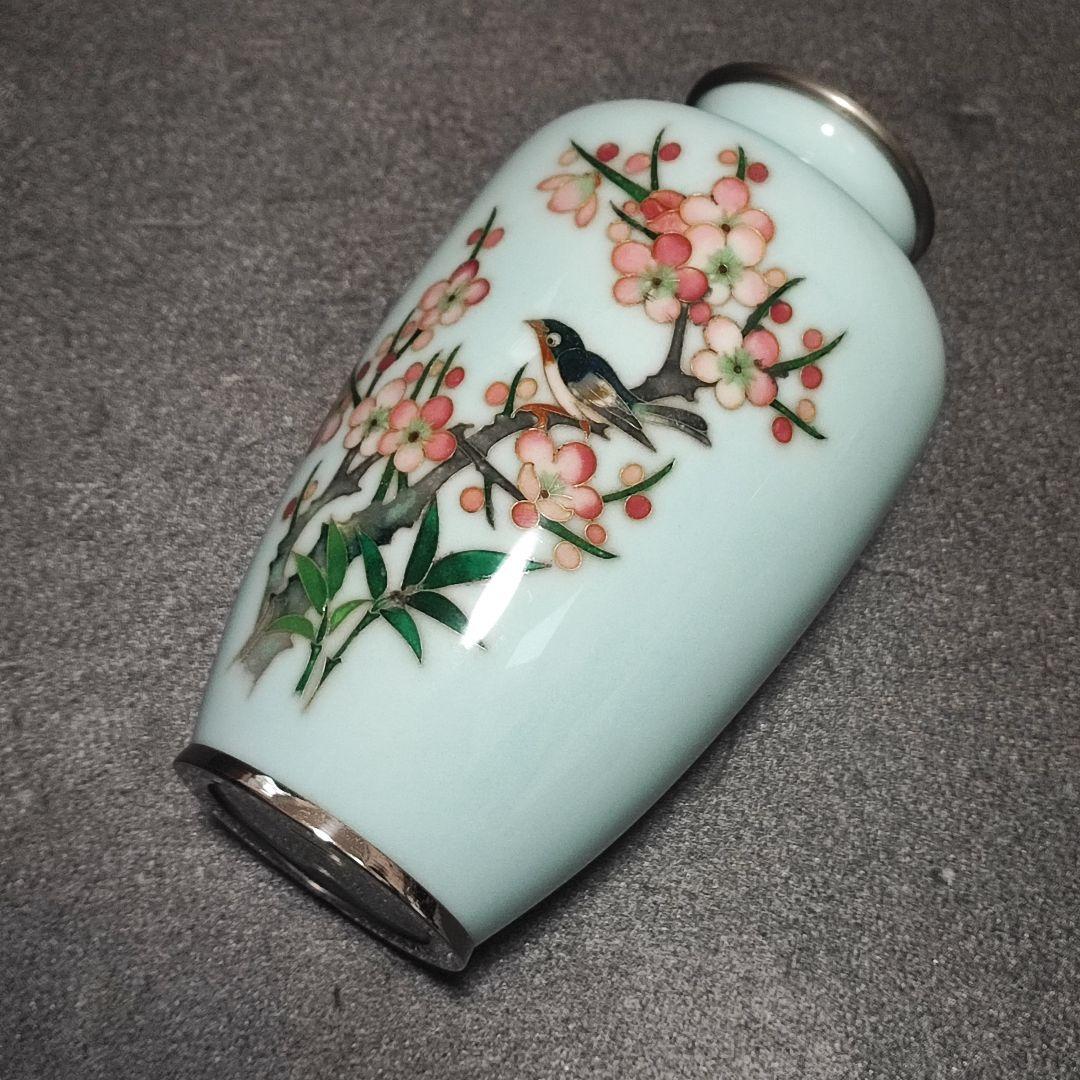 時代 戦前七宝 七宝焼 竹梅鶯図花瓶 花入 花生 花器 金属工芸 美