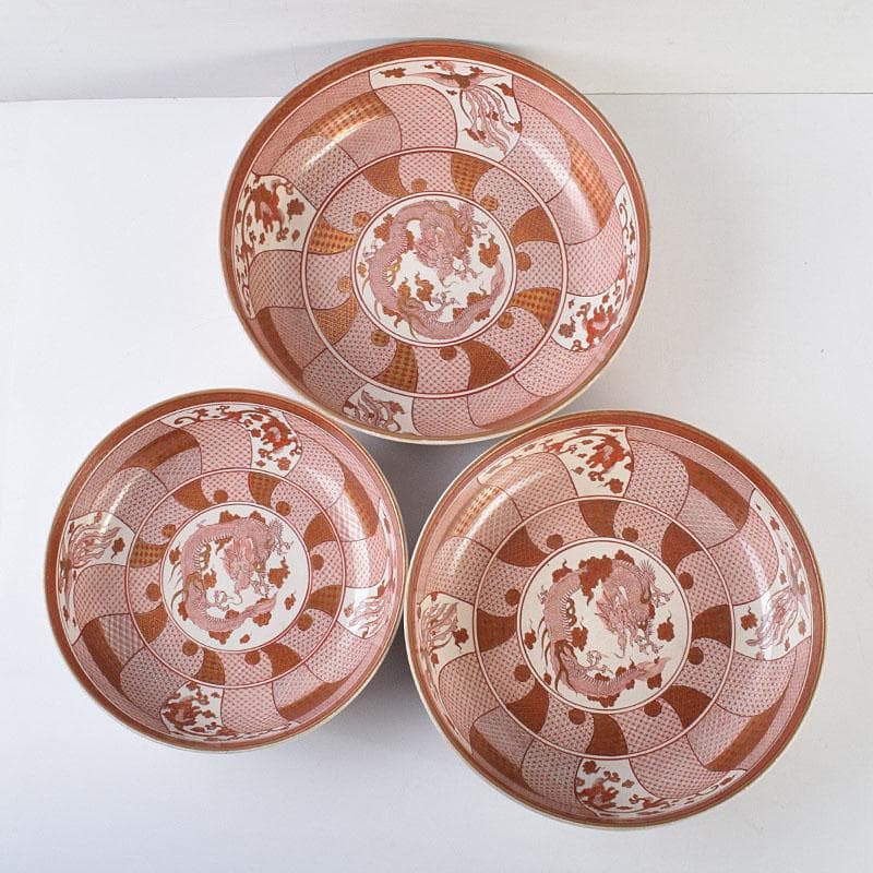 九谷焼 古九谷 赤絵八郎手 龍文 三つ組入れ子 菓子鉢 時代箱 G R9171H