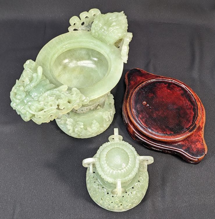 送料無料 未使用 岫玉 天然石 特大香炉 遊環 龍 干支 透かし彫り 浮