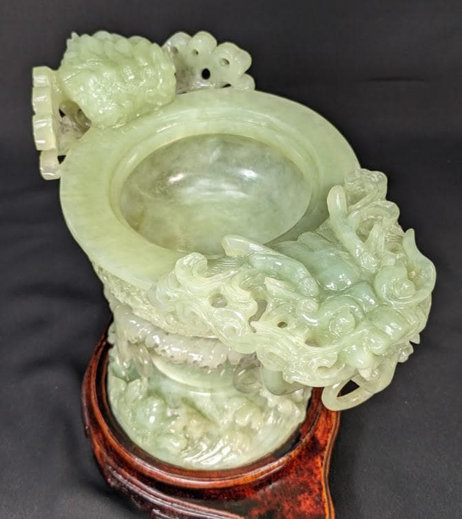 送料無料 未使用 岫玉 天然石 特大香炉 遊環 龍 干支 透かし彫り 浮