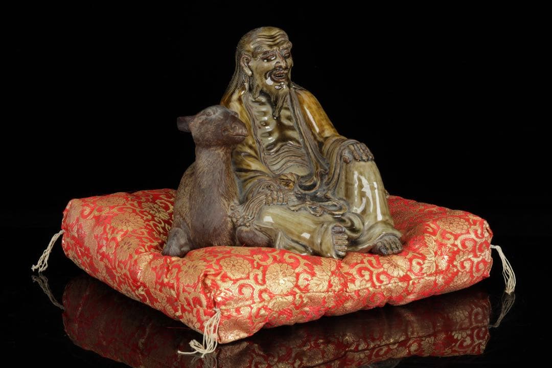 【古高取焼】鹿寿老像 七福神 長寿神 福禄寿 縁起物 置物 陶磁器 古作 共箱付