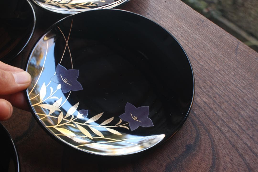 デッドストック！上質黒漆に優美な桔梗蒔絵の映える銘々皿5点（検輪島塗銘々皿蒔絵皿