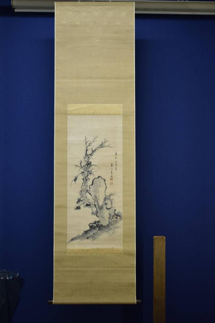 真作/高橋草坪/花木太古石図/絹表装/布袋屋掛軸HE-482