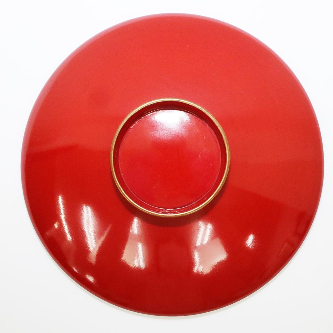 漆芸 絵変わり 鶴亀 鶴 金蒔絵 朱塗引盃 三十客 木皿 箱付き