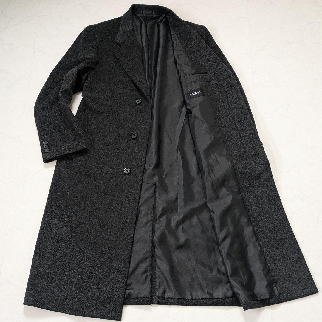 美品】SUKIPIO カシミヤ混 ロングチェスターコート ブラック Lサイズ