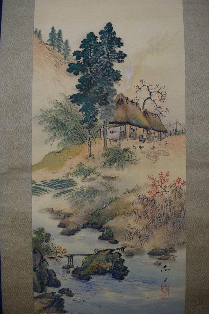 真作】村田露月/青緑秋景山水図/秋景山家図/掛軸☆