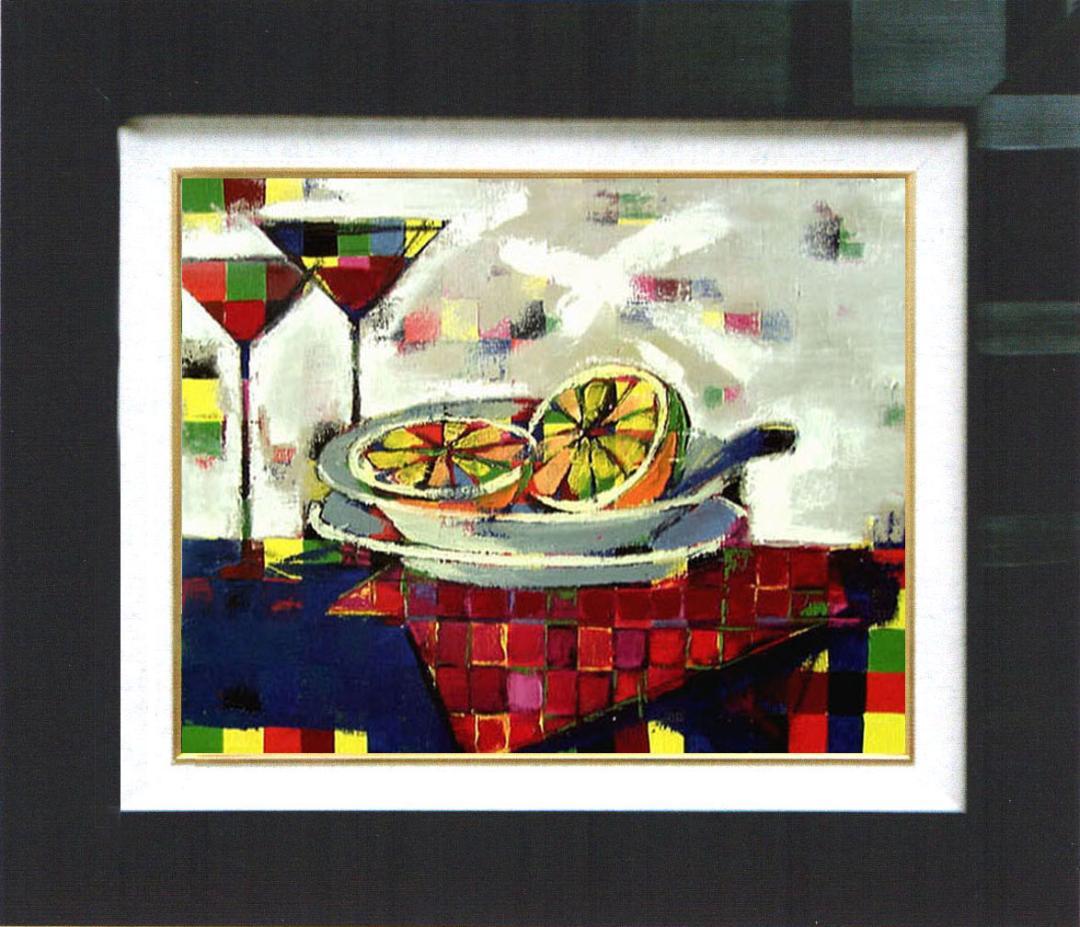 油絵 菅家令子インテリア 額付(黒) uF6-061703 静物 フルーツグラス