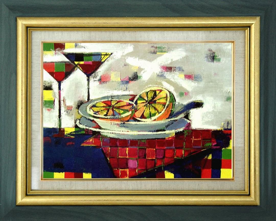 油絵 菅家令子インテリア 額付(黒) uF6-061703 静物 フルーツグラス