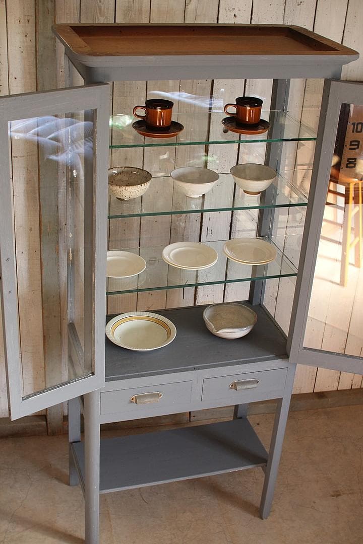 古い木枠ガラスケース ケビント ドクターキャビネット 古い木枠ガラス