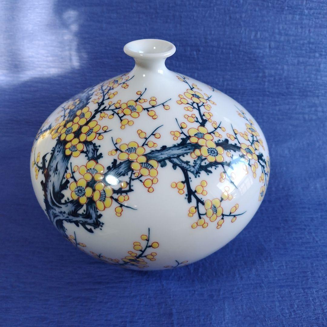 鍋島焼 岳山作 染錦梅絵 花瓶 花生 花入 フラワーベース　置物　陶器
