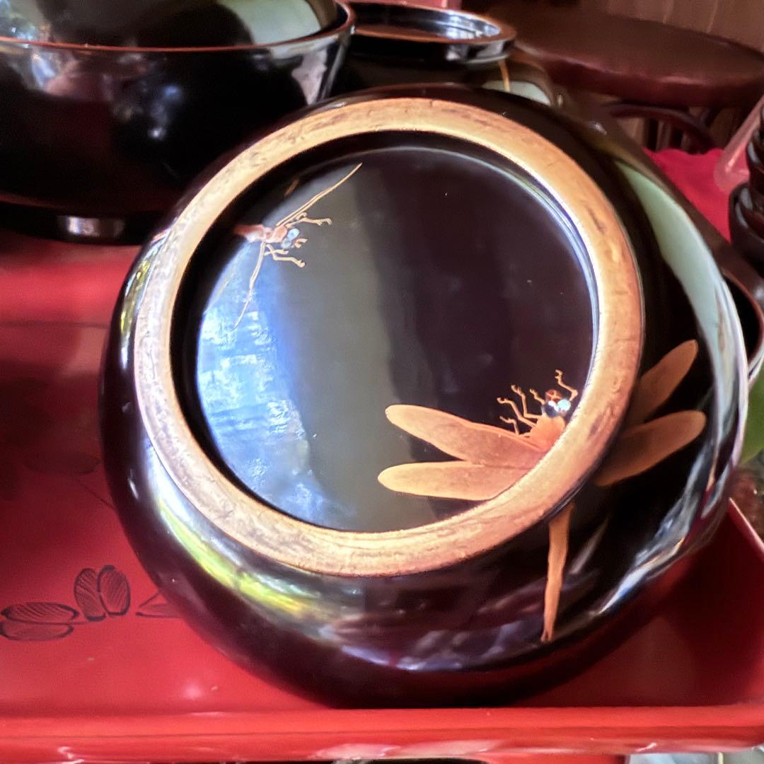 Y様へ感謝お嫁入‼️JAPAN螺鈿蒔絵『蜻蛉かげろう＆菊＆木蓮』真塗金縁吸物椀3客