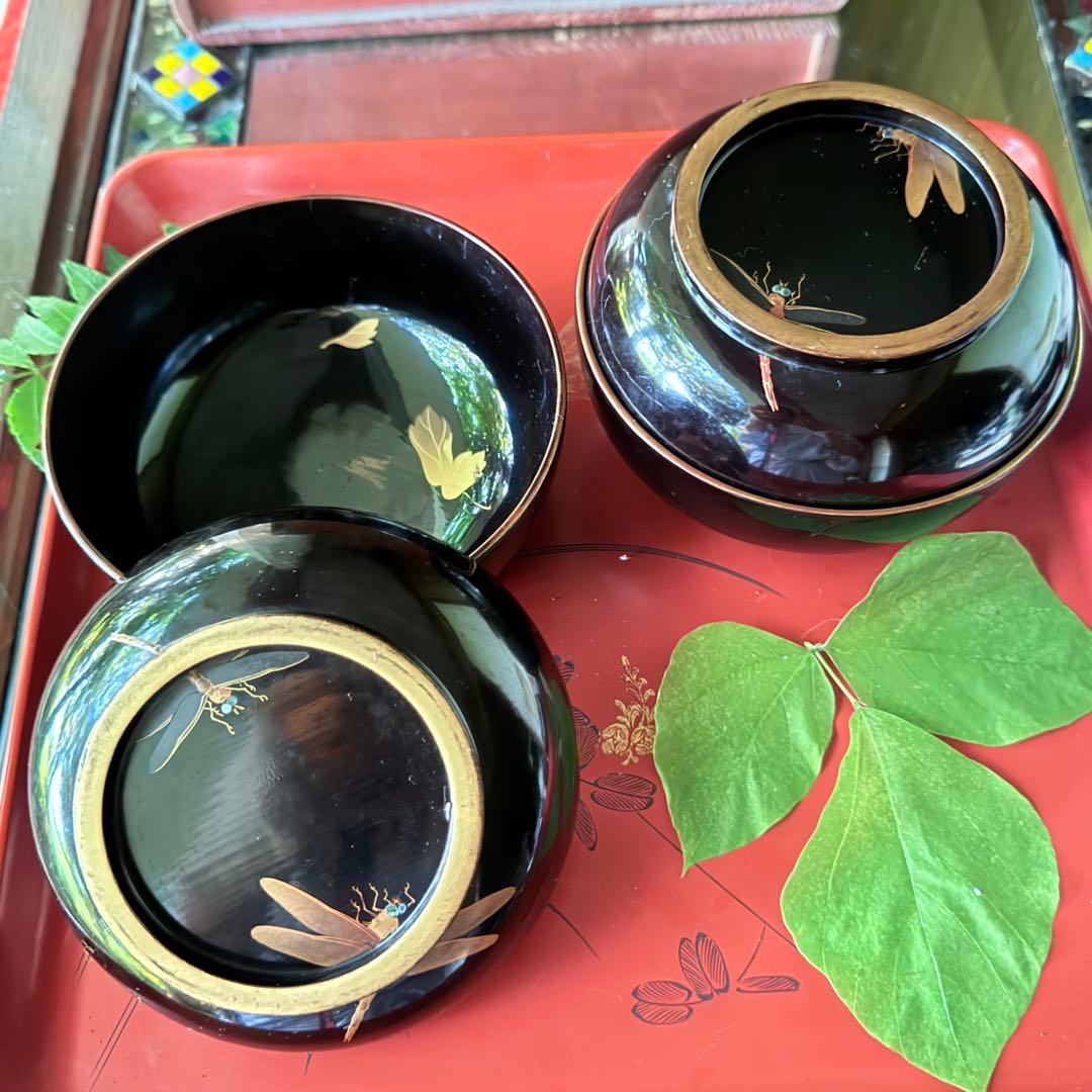 Y様へ感謝お嫁入‼️JAPAN螺鈿蒔絵『蜻蛉かげろう＆菊＆木蓮』真塗金縁吸物椀3客