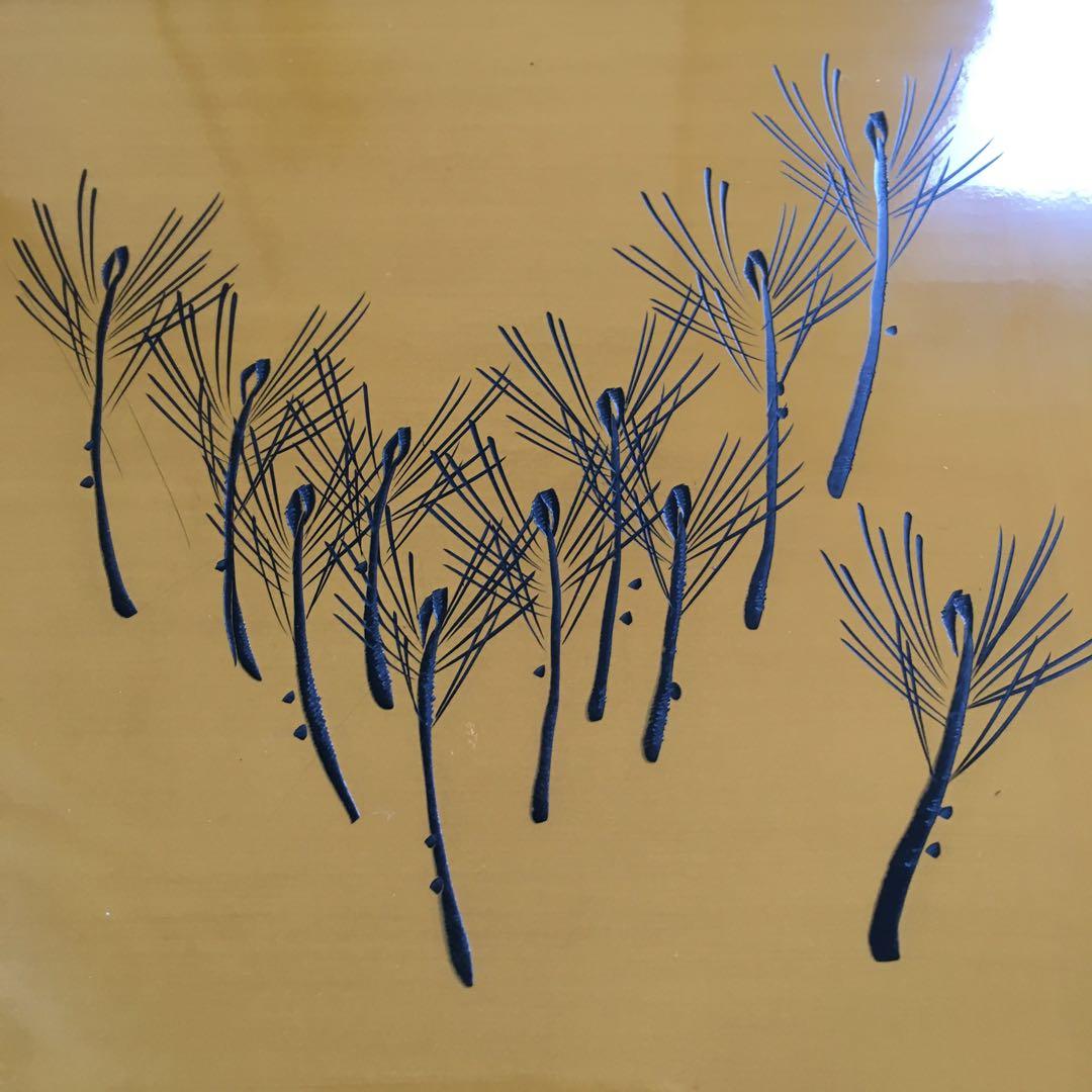 天然木製漆塗 輪島塗 黄漆塗沈金 角盆 芽松模様 本堅