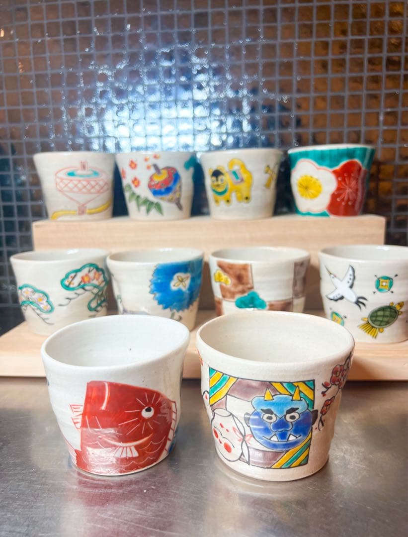 春夏秋冬 10点セット☆希少 正月 季節の祝ごと 九谷焼 エクボ猪口 湯呑