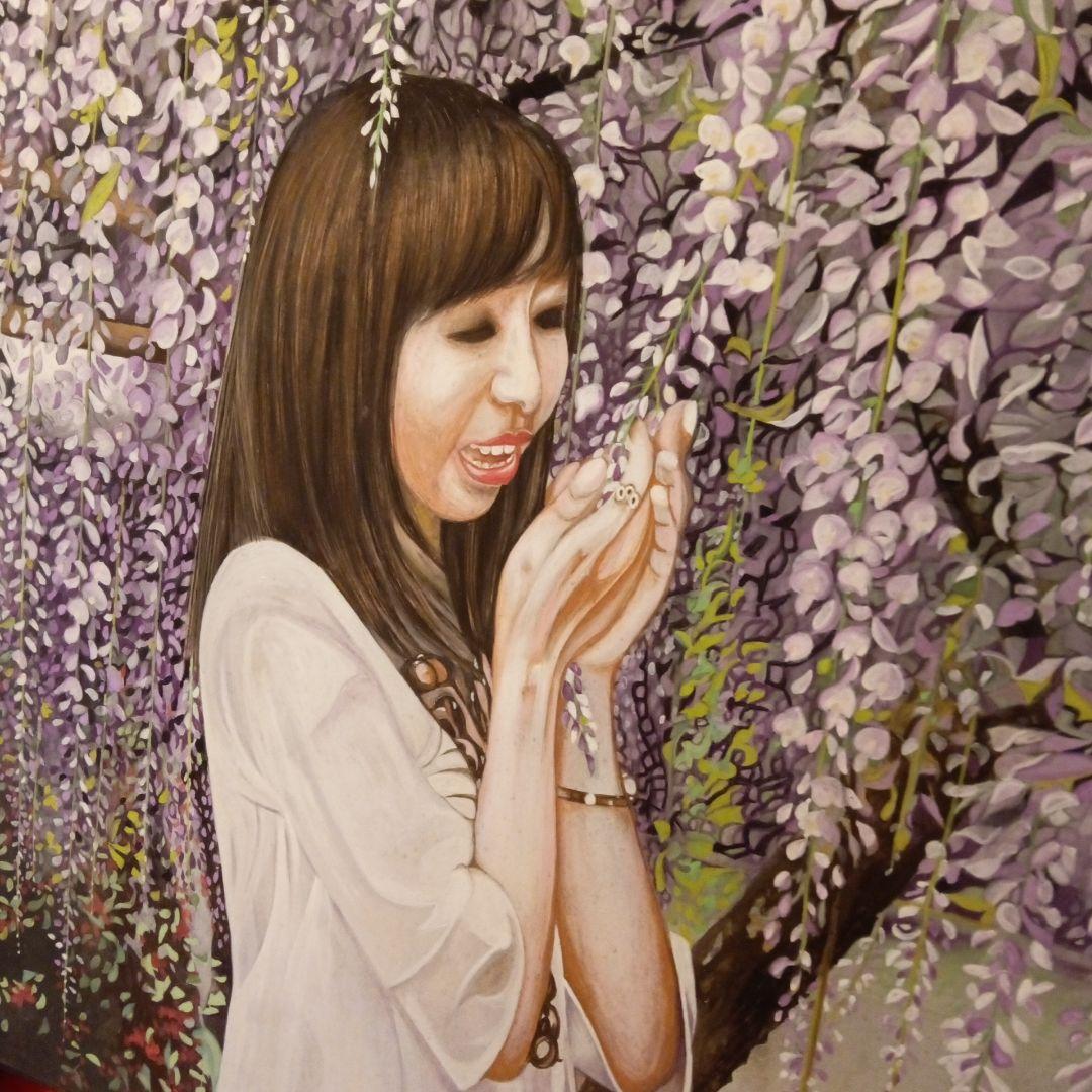 水彩画手描【藤の木の下で戯れる女性】縦７２X横幅６０センチみずみずしい木製パネル