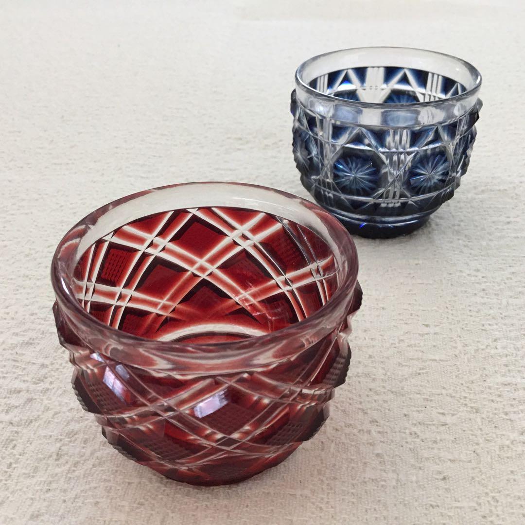 未使用 尚古集成館監修 島津 薩摩切子 色被せガラス 切子 猪口 2個