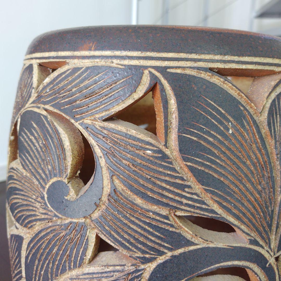 アンティーク 信楽焼傘立て 透かし彫刻 北欧インテリア 高さ42.5cm