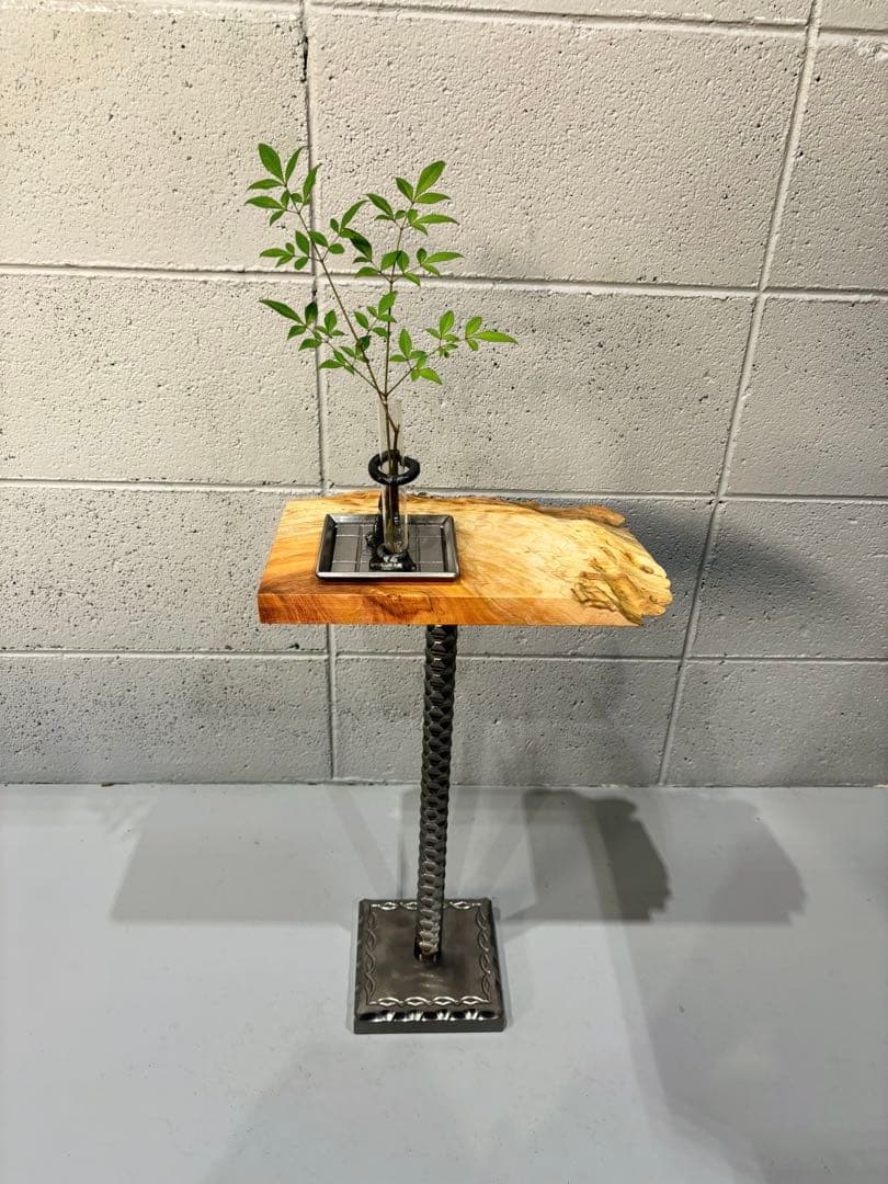 欅サイドテーブル、コーヒーテーブル、観葉植物スタンド一枚板銘木 鉄家具