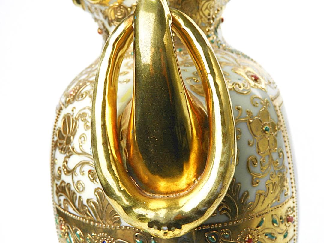 オールドノリタケ 金彩ジュエル風景画 プレッツェルハンドル 飾り壷 アンティーク