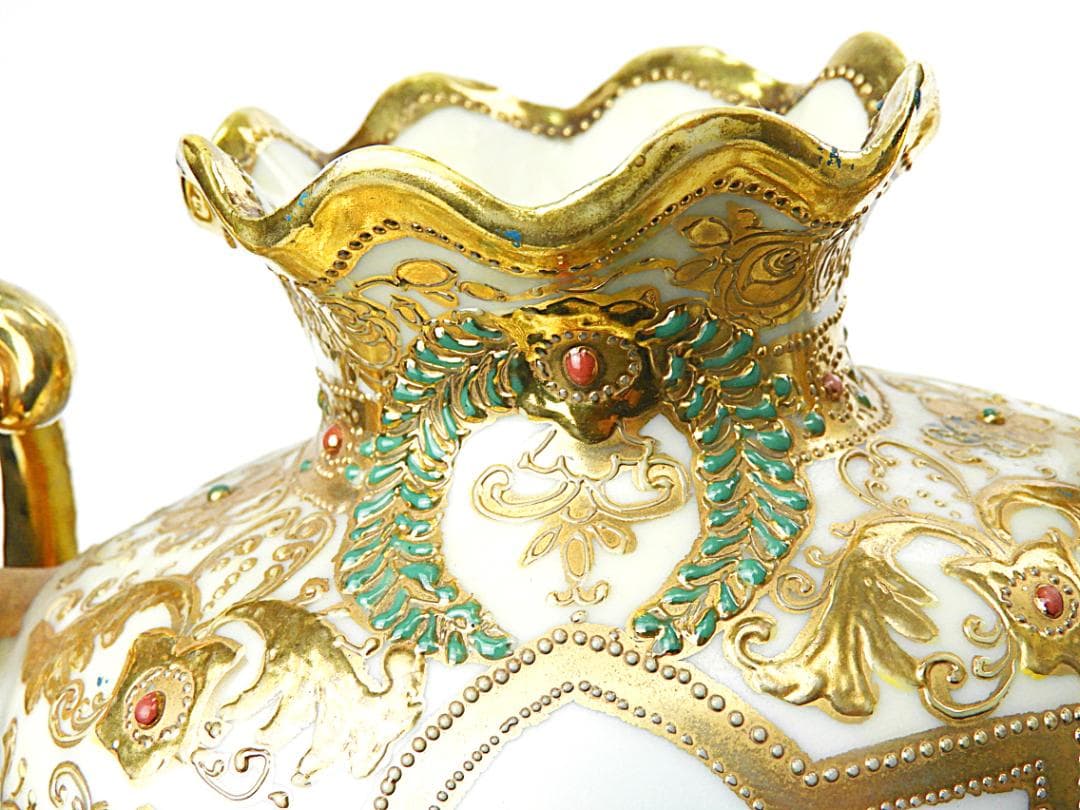 オールドノリタケ 金彩ジュエル風景画 プレッツェルハンドル 飾り壷 アンティーク