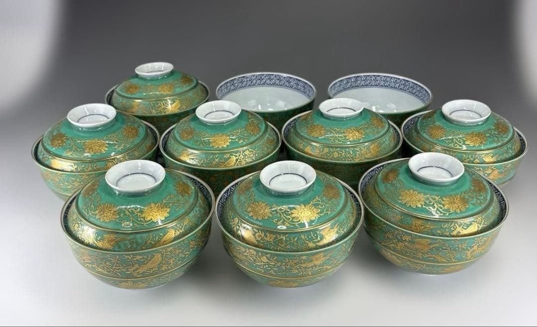 茶道具】青地金襴手唐草蓋物十客（二個蓋無し） 茶道具】青地