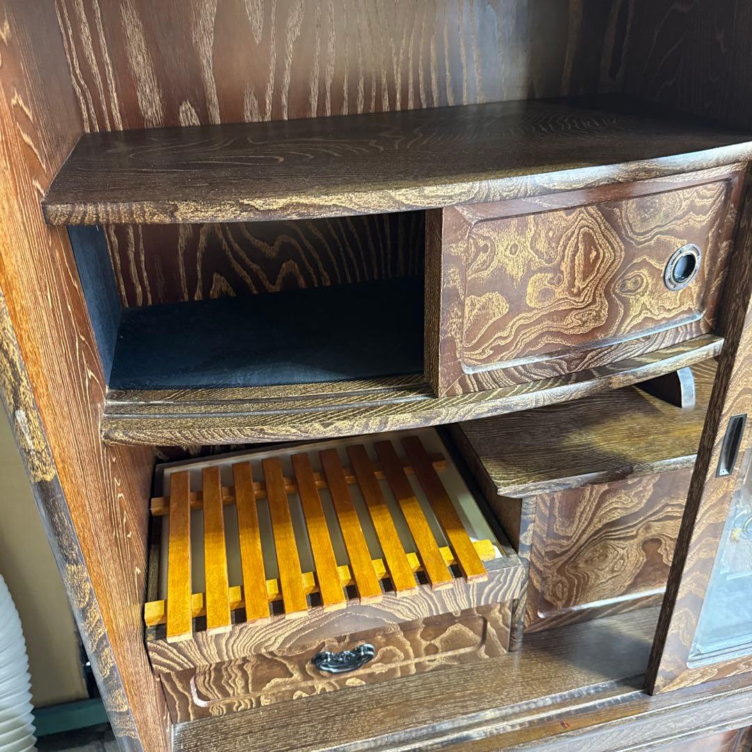 木製ダークブラウン箪笥 ガラス扉付き 和ダンス チェスト