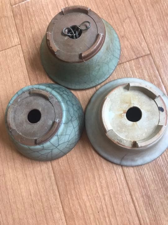 盆栽鉢 希少盆栽鉢青磁氷裂貫入丸鉢2個、白乳鉢の