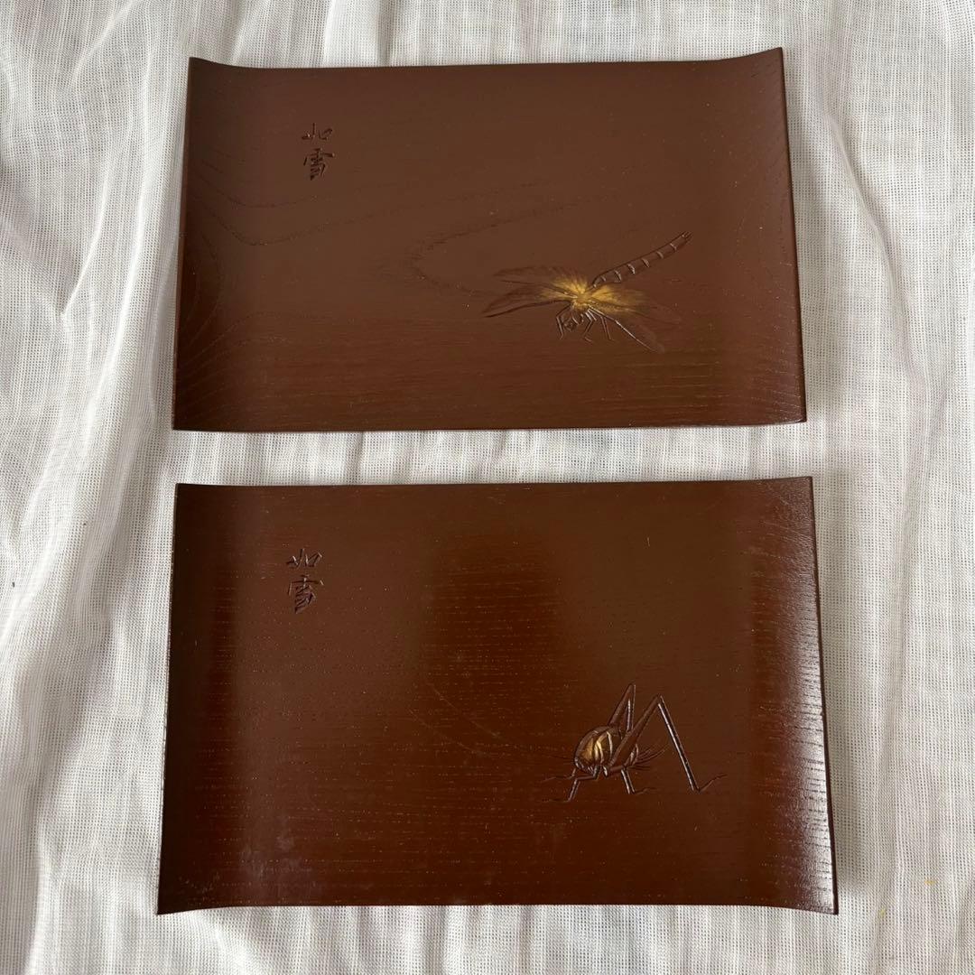 Ay96 讃岐彫篠原如雪銘々菓子器菓子皿5客昆虫木彫骨董日本美術