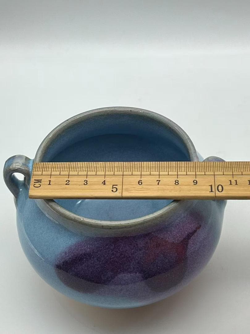 明时代 鈞窯 青磁 澱青月白釉紫斑 双糸耳香炉 水丞 香炉 茶道具(A-91