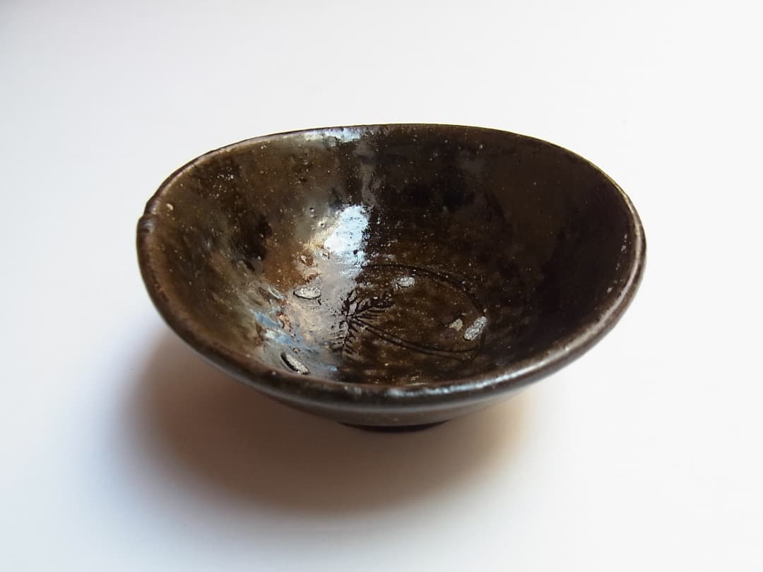 森岡成好『灰釉碗（ヤシの木・陰刻）』／古民藝 李朝 骨董 パナリ