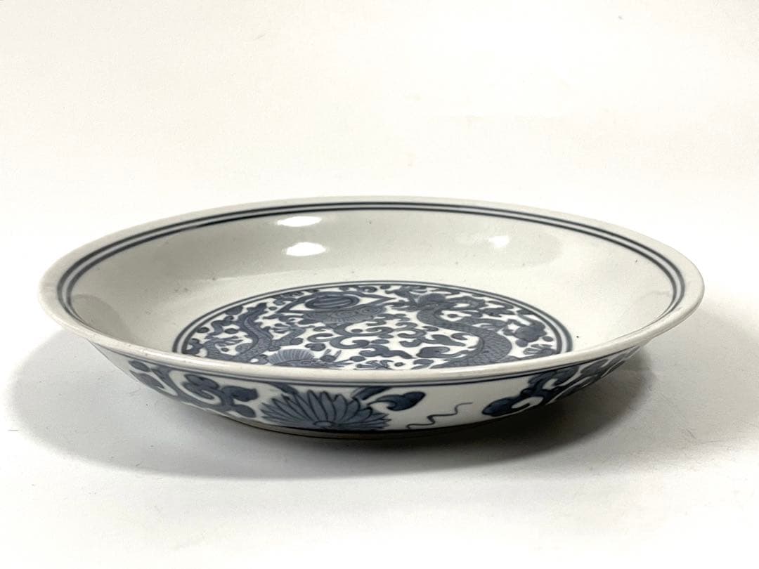 古伊万里 染付 双龍図 竜図 花唐草 皿 古染付 青花