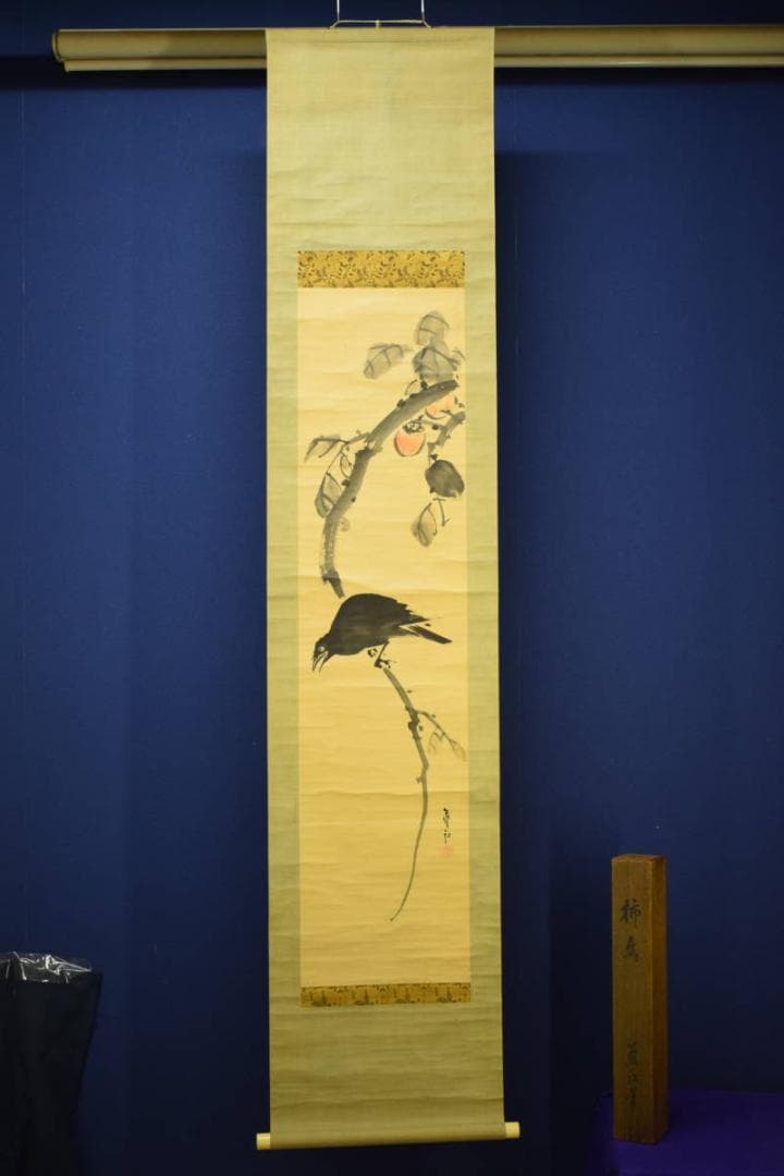 真作/中井藍江/柿と鳥図/桐題箱付/布袋屋掛軸
