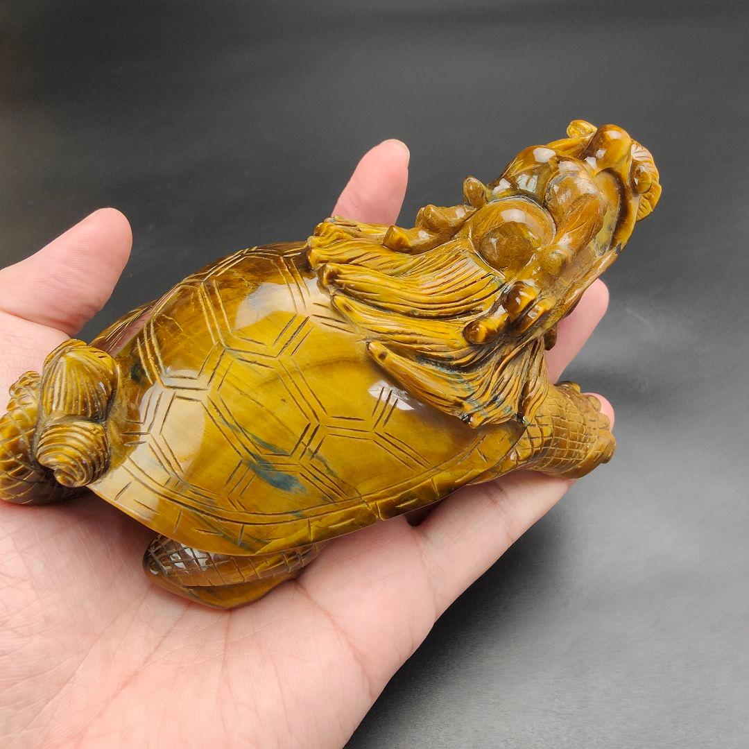 超美品 タイガーアイ 虎目石で作った龍亀(ロングイ) 天然石 風水