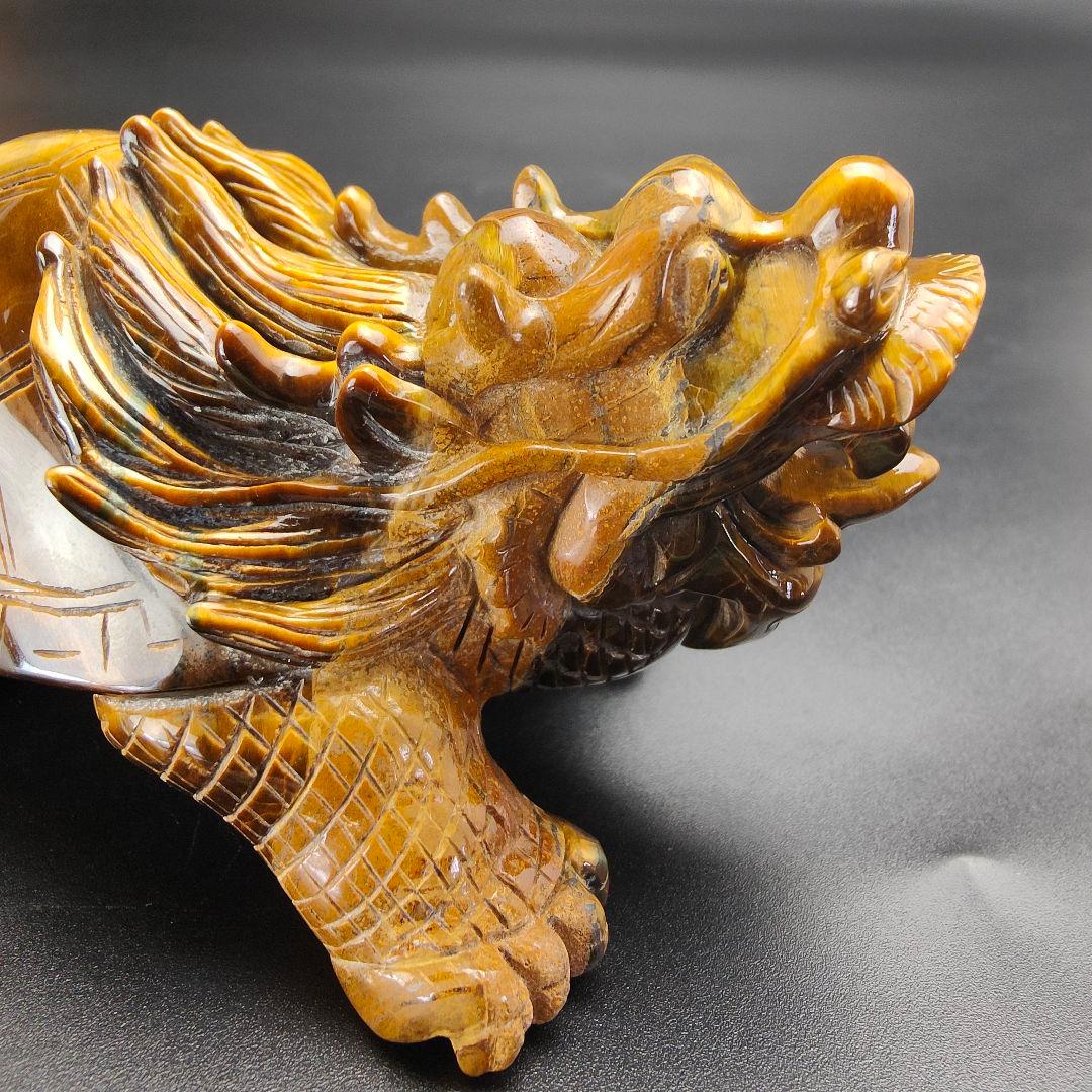 超美品 タイガーアイ 虎目石で作った龍亀(ロングイ) 天然石 風水