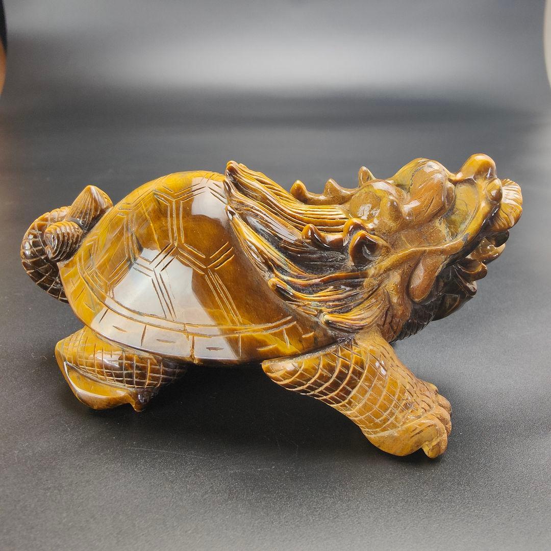超美品 タイガーアイ 虎目石で作った龍亀(ロングイ) 天然石 風水
